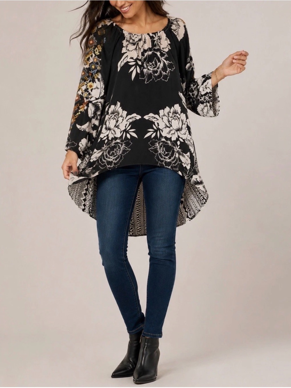 Johnny Was BIYA Floral Embroidered Silk Boho Tunic Blouse